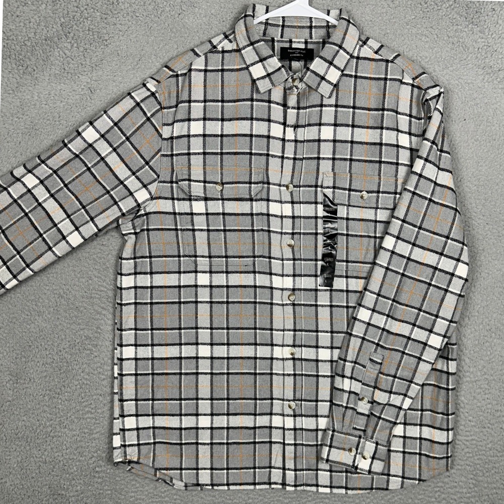 NEW Banana Republic Shirt Mens Large Standard Fit Grey Plaid Flannel Button Down